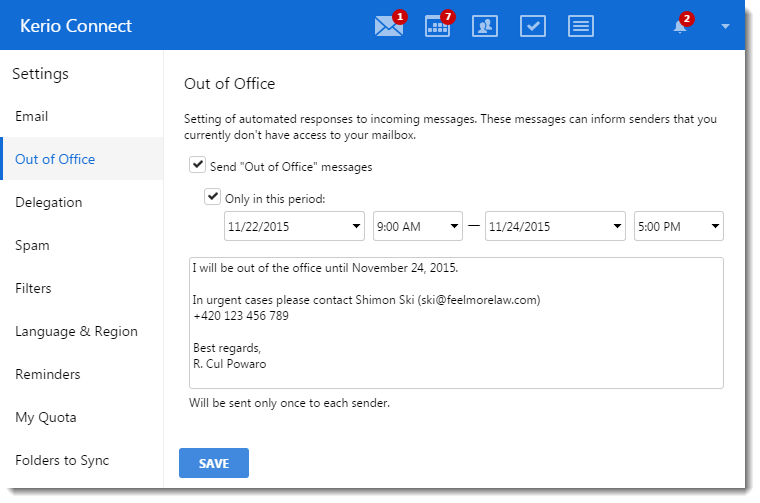 Configuring the Out of Office message