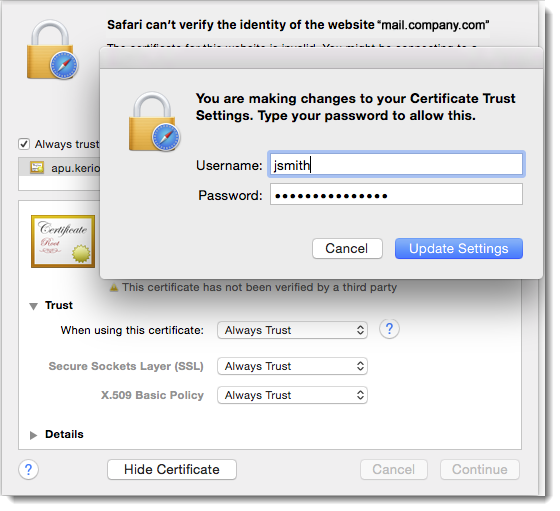 how to change client certificate on safari