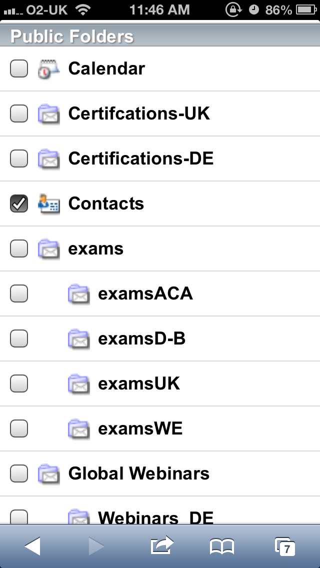 sync exchange public folder contacts with iphone