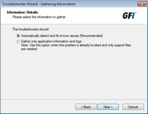 Troubleshooter wizard – Information details