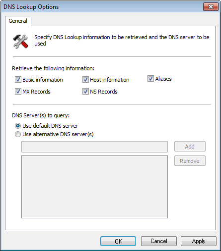 DNS Lookup tool options