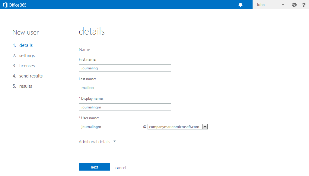Configuración de un buzón de registro en diario de Microsoft® Office 365